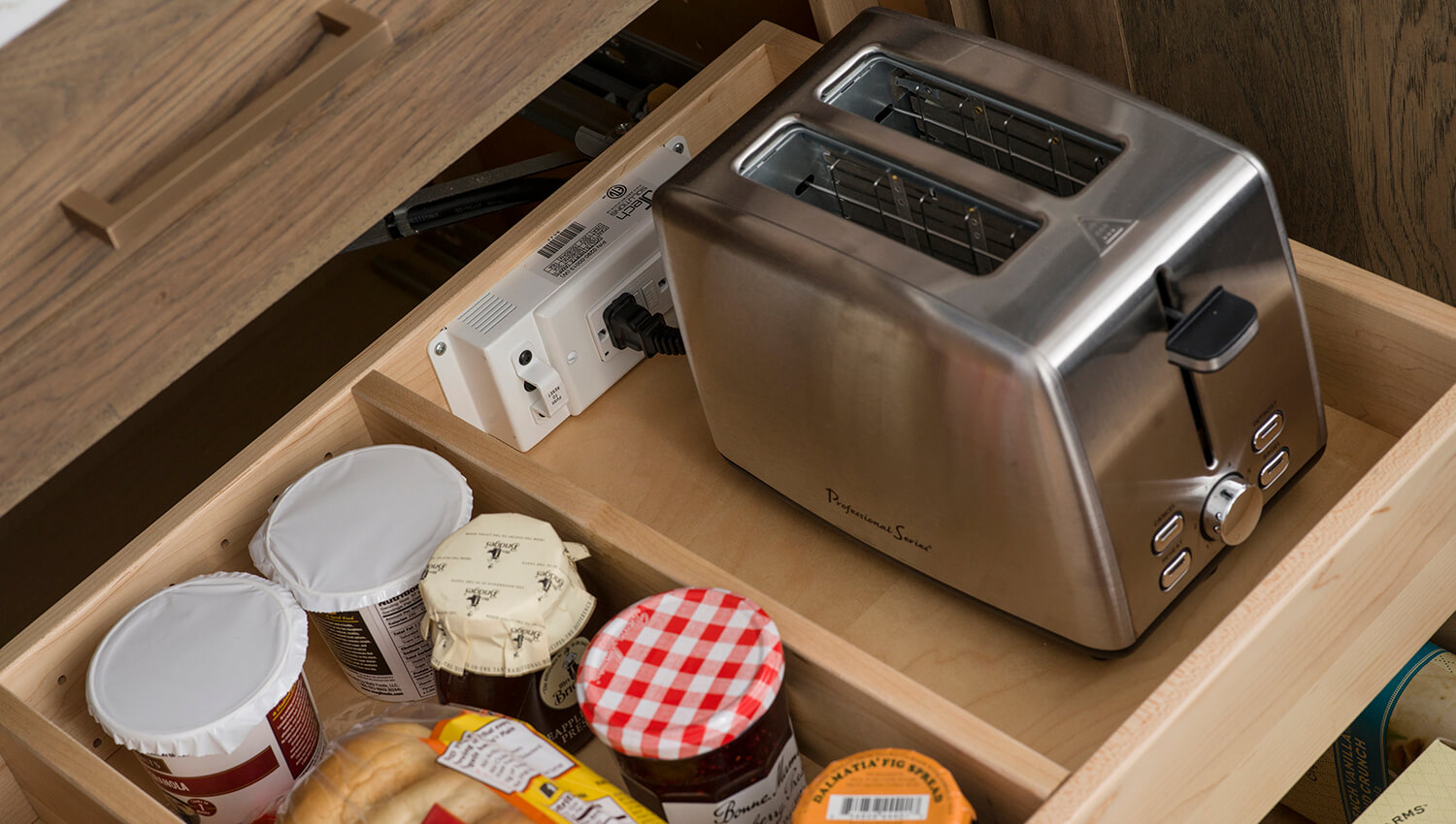 Create a hidden breakfast station by adding Dura Supreme Partitions and a Power Station to any roll-out shelf or deep drawer to help streamline the morning routine.