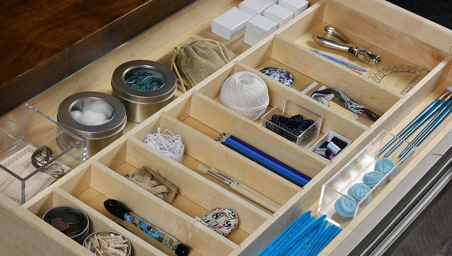 A Cutlery Divider Tray doesn’t have to be used for cutlery and silverware! Dura Supreme's drawer storage solutions can be used for multiple applications throughout the home to help create storage for homework stations, home offices, craft rooms, etc.  