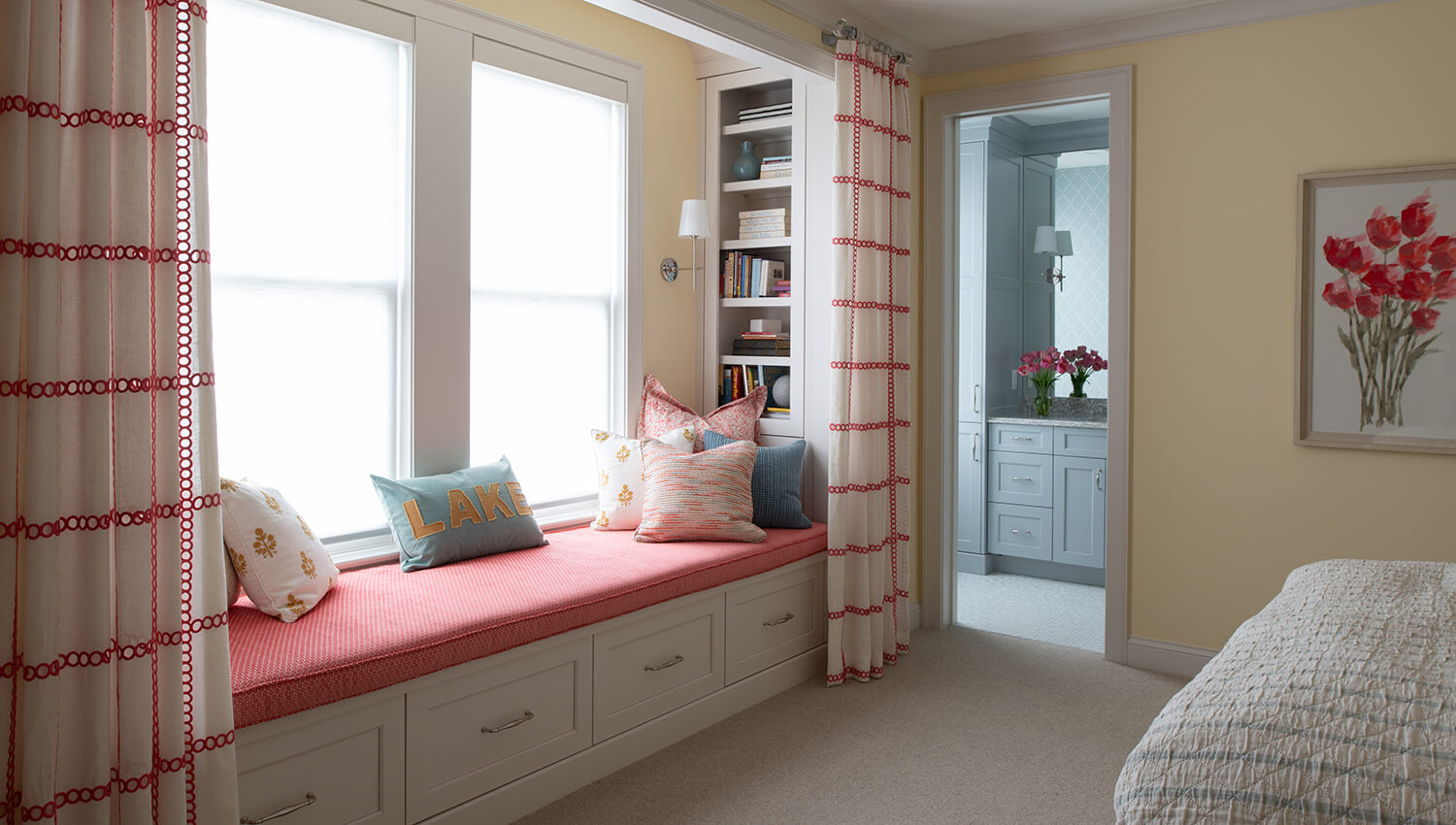 Add boot bench cabinetry and bookshelves by bedroom window to create a beautiful, functional, and comfortable space for homework, instrument practice, and reading, with plenty of storage for supplies.