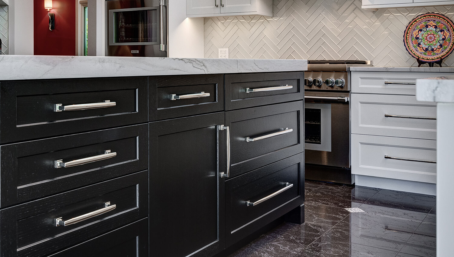 A black and white kitchen design with a dramatic Black painted oak finish.