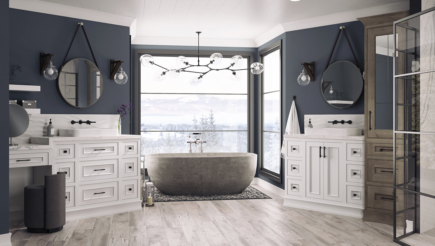 A beautiful master bathroom with painted oak vanities