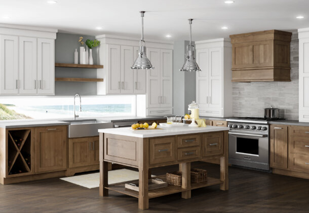 A kitchen layout idea in an L-Shaped kitchen design with a farm table style kitchen island using Standard overlay cabinet doors.