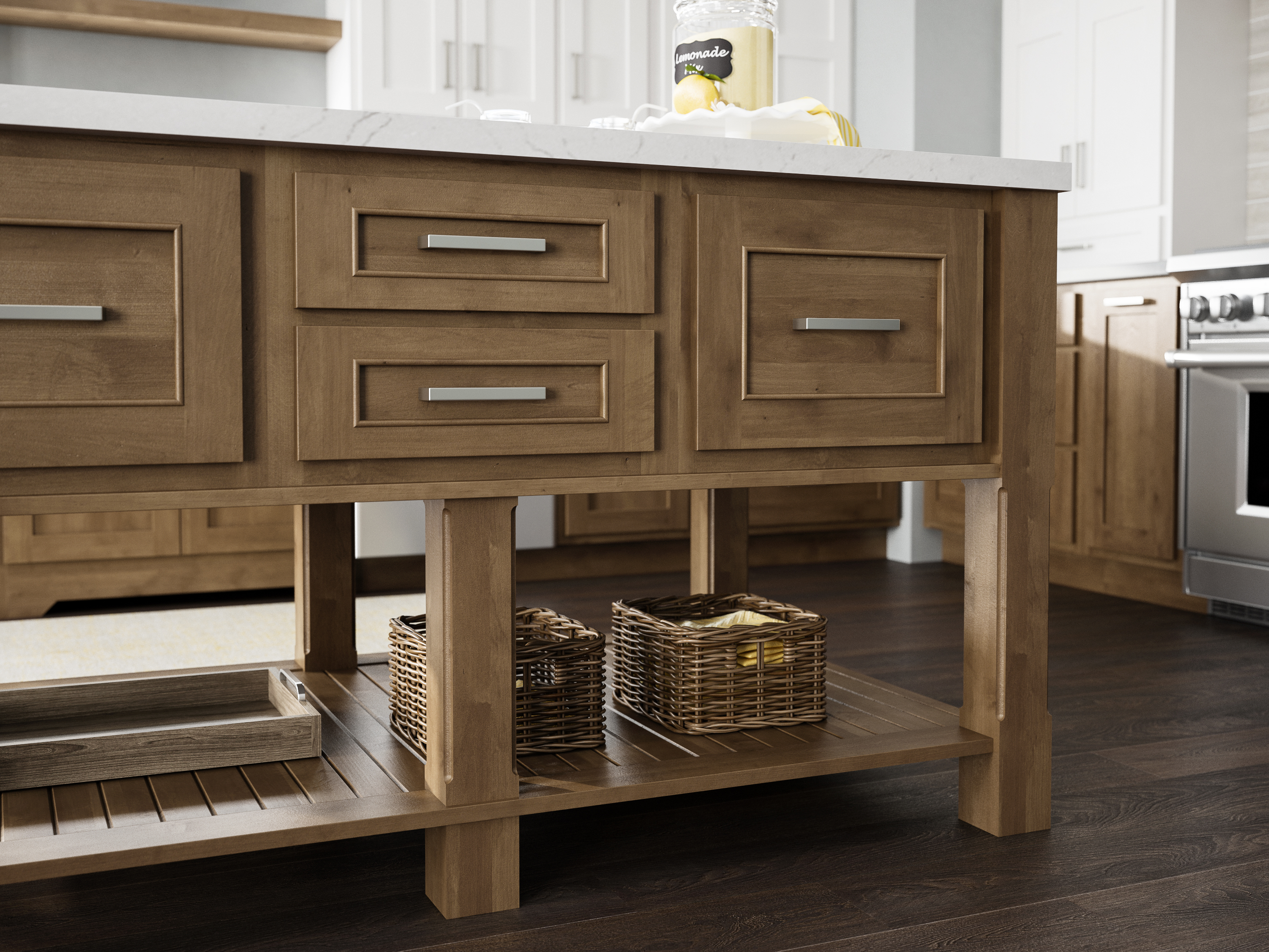 A kitchen layout idea in an L-Shaped kitchen design with a farm table style kitchen island. Standard overlay cabinet doors create add a splash of traditional style in this modern beach home.