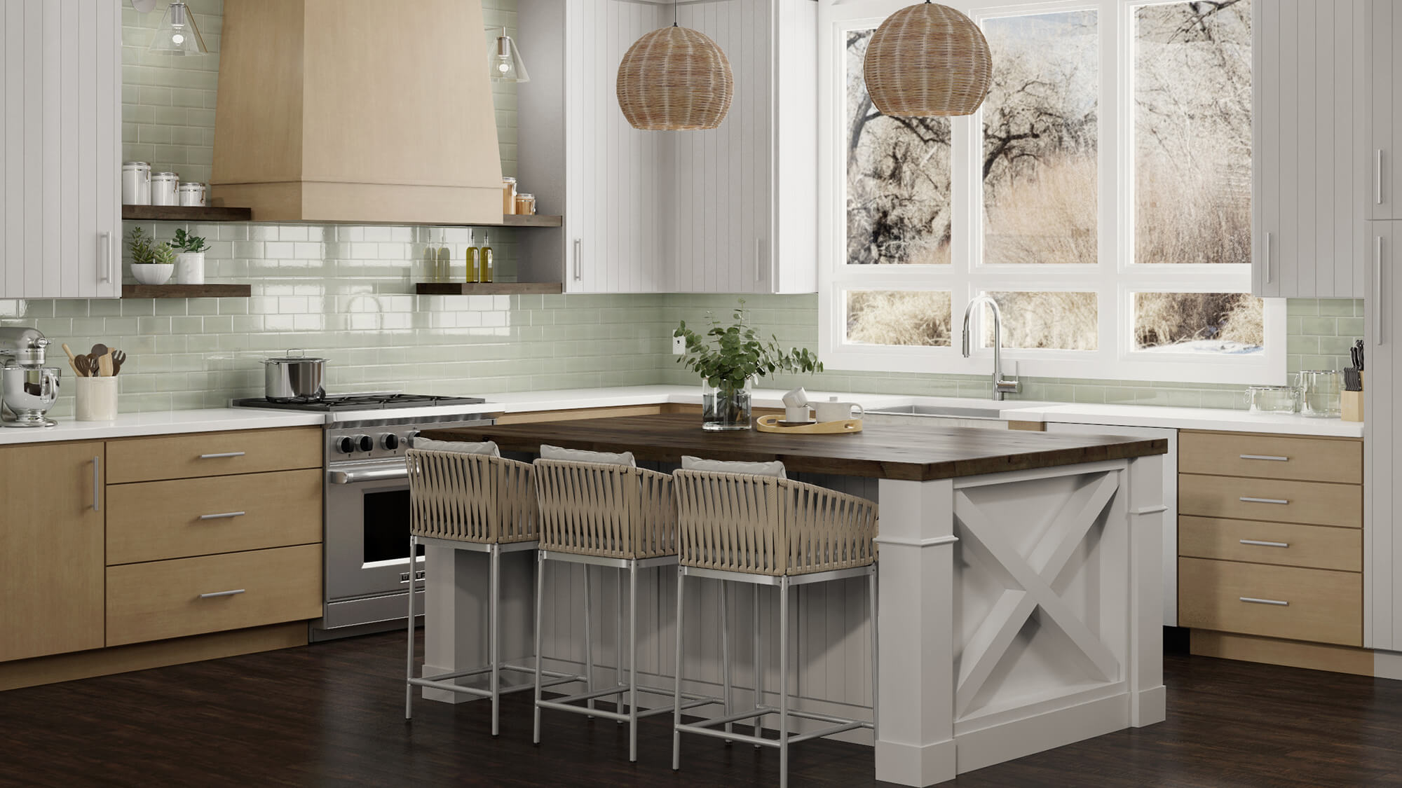 A modern danish style kitchen with scandinavian pendant lights over the shiplap kitchen island with an X Island End Cap.