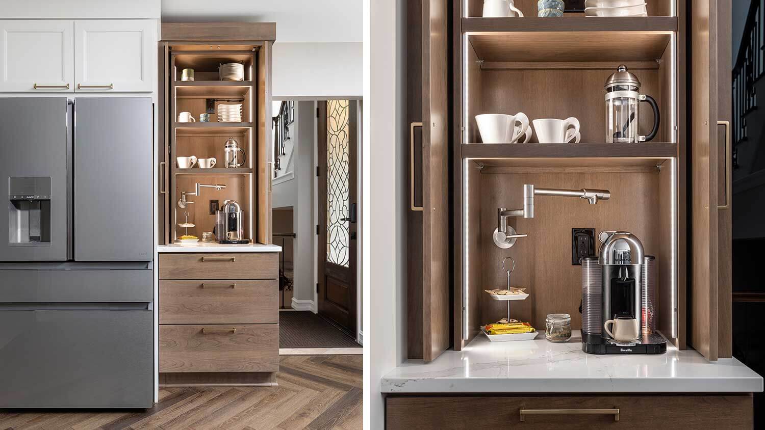 A larder cabinet for a hidden beverage center featuring Dura Supreme's Integrated Lighting and a pot filler.