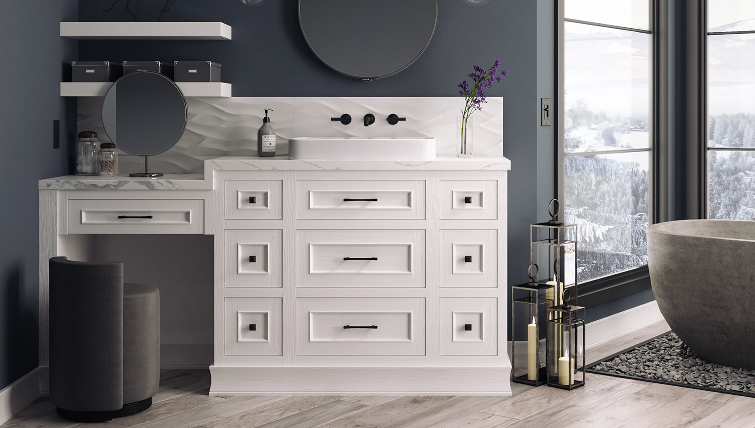 A mountain home master bathroom with cool navy blue and walls and white painted oak bathroom cabinets and vanities from Dura Supreme.