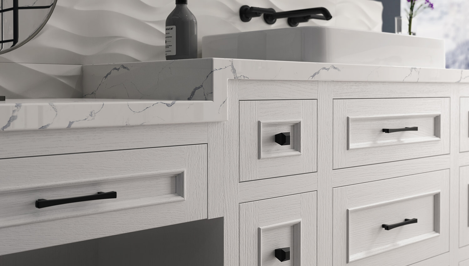 A close up of the textured details on a painted oak vanity with white paint from Dura Supreme Cabinetry.