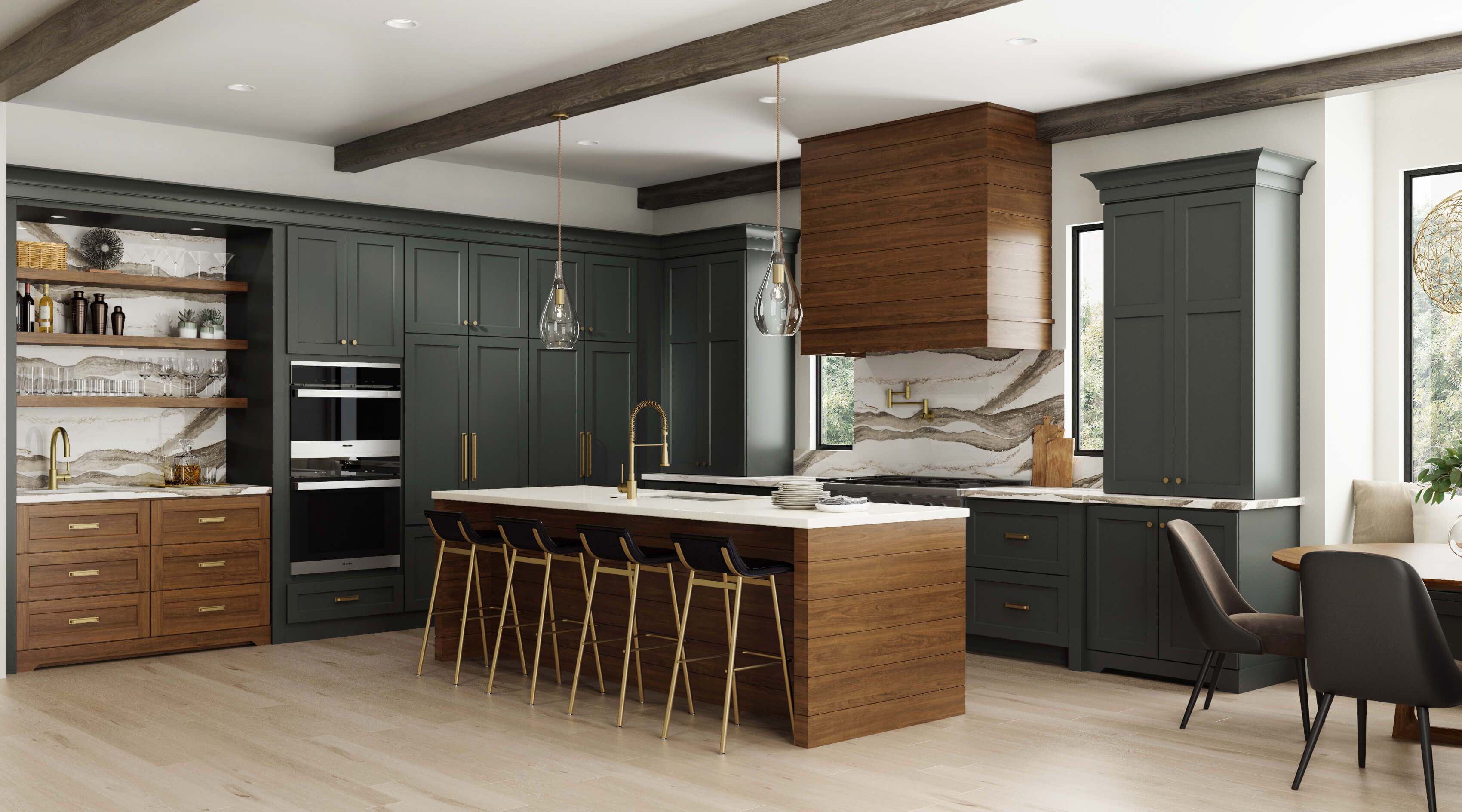 Dark gray-green and rich stained wood kitchen with modern farmhouse style, shiplap wood hood, shiplap kitchen island end cap, and brassy hardware and fixtures. Features floor-to-ceiling dark gray painted cabinets.