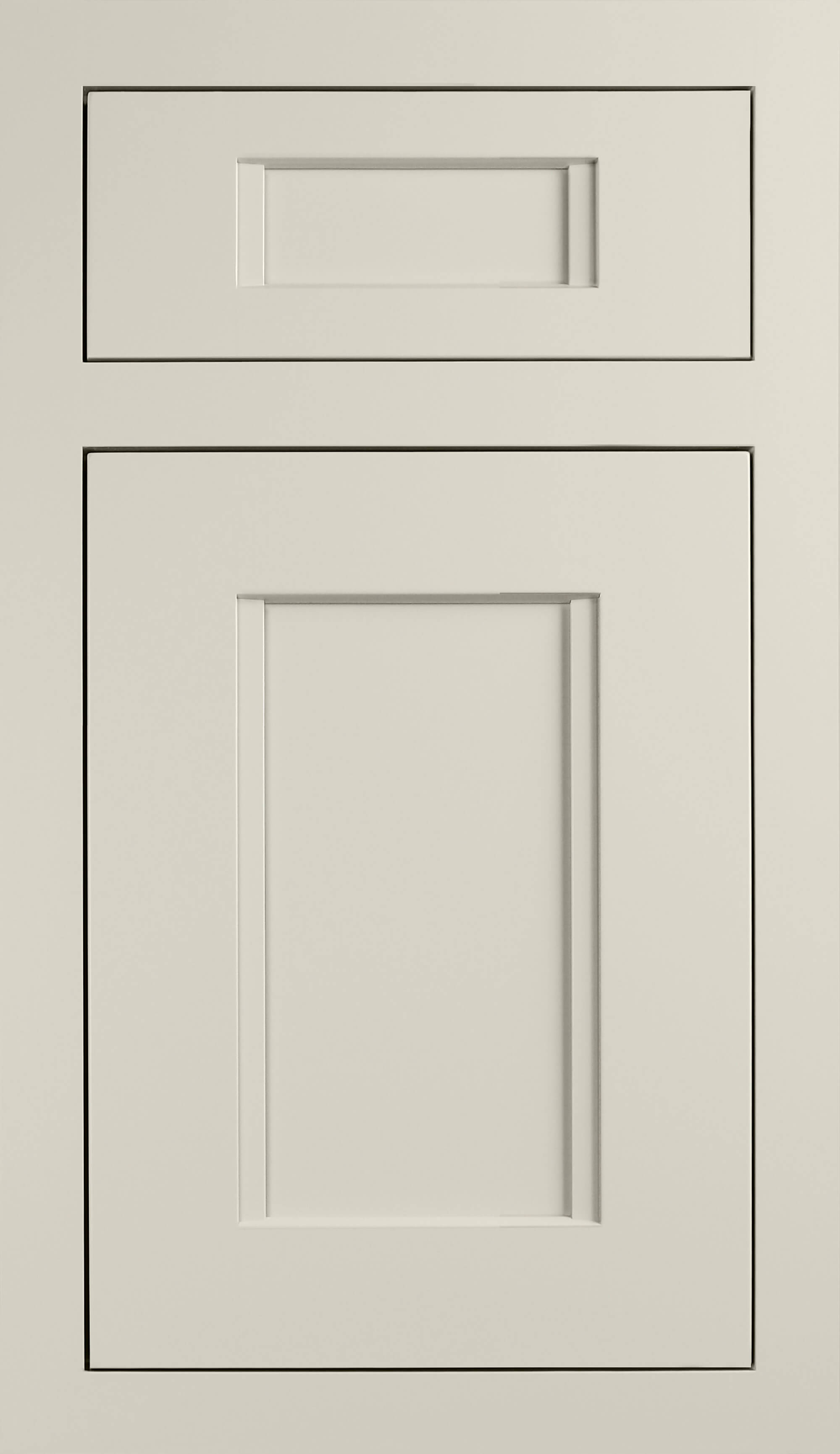A transitional styled inset cabinet door with a detailed modified shaker with a flat panel design featuring an off-white painted finish.
