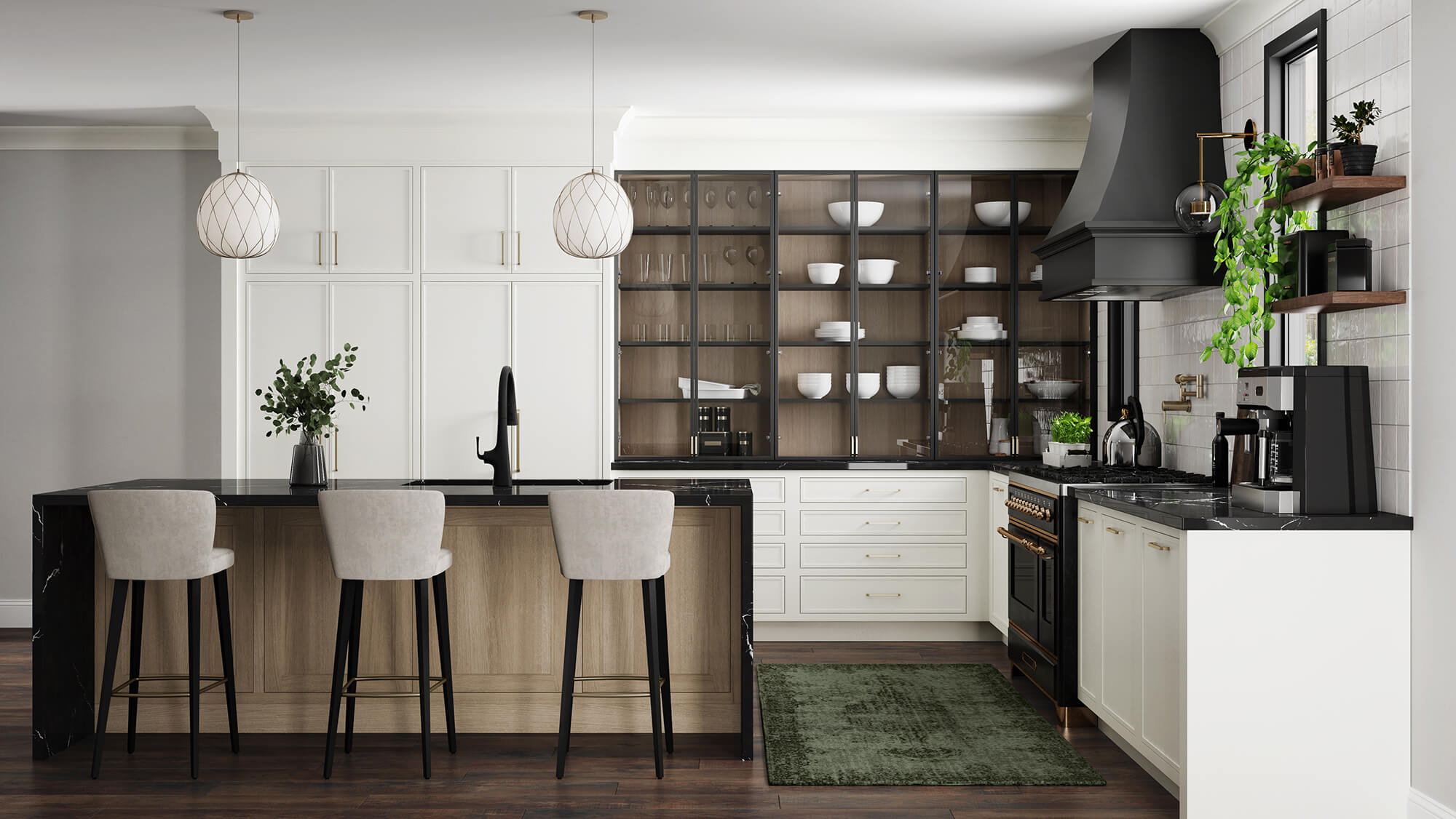Glass cabinet doors with black metal door frames on white painted inset cabinets with a white oak cabinet interior, a skinny shaker style, and brass hardware.
