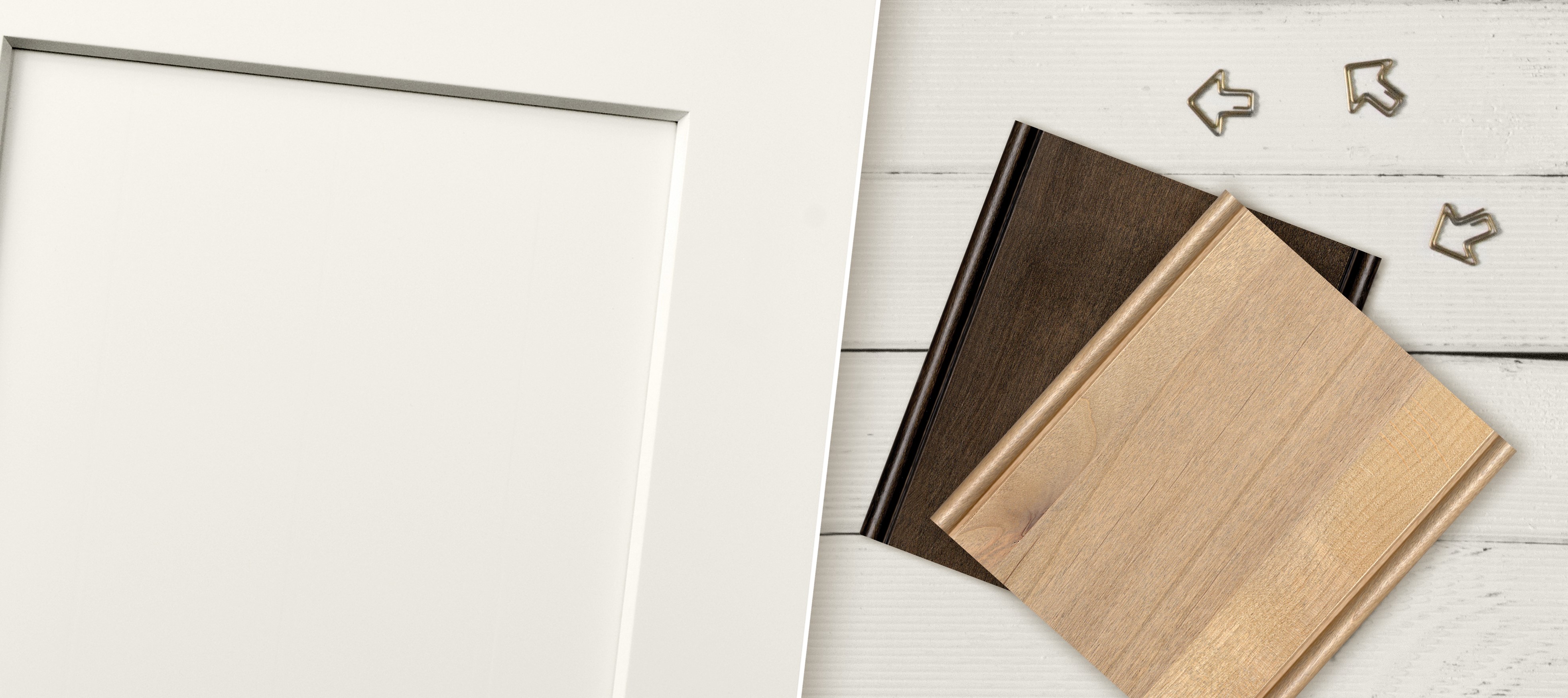 A soft, off-white painted shaker door style with two natural brown stain samples.