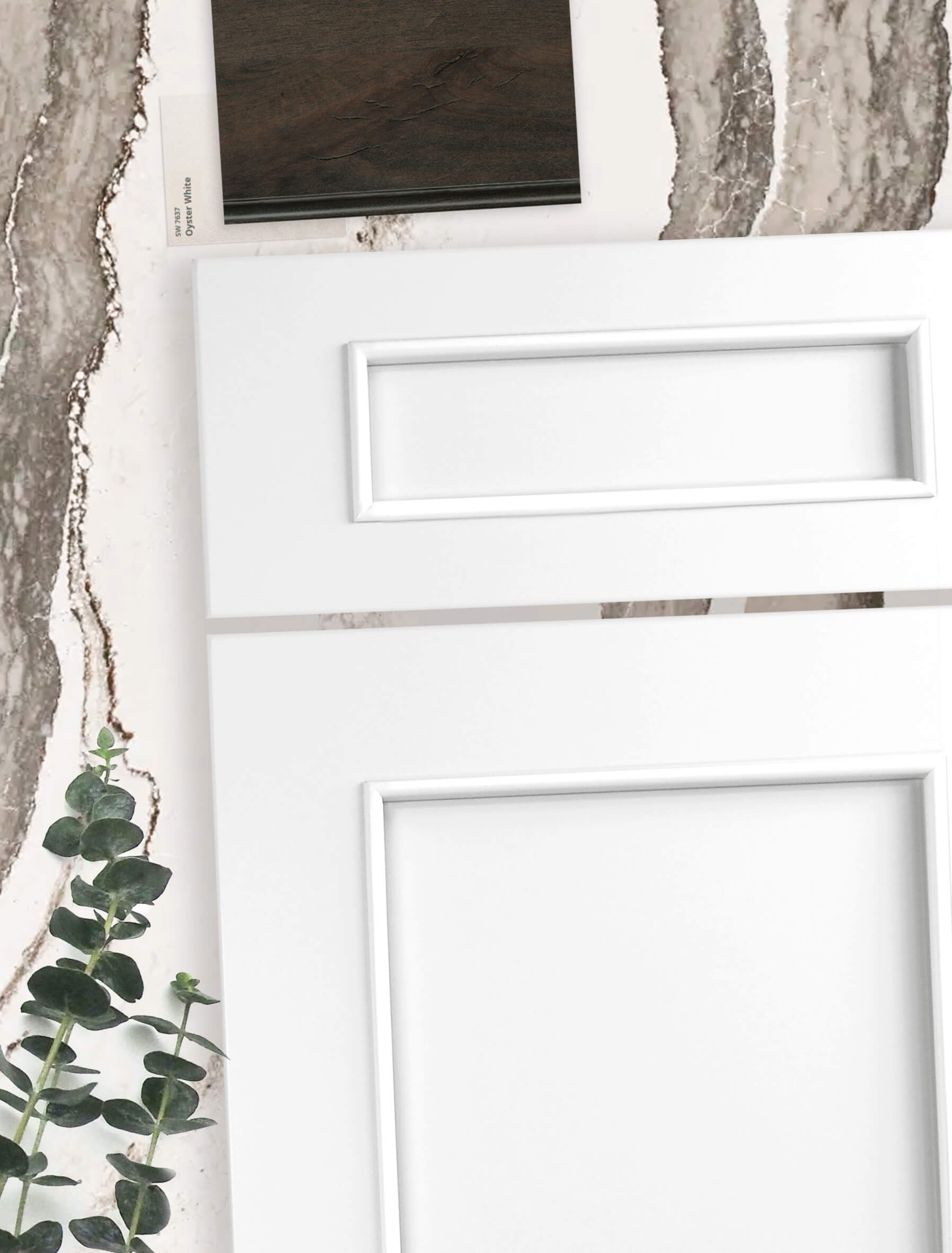 A design concept with a cabinet door and finish colors on a quartz countertop. The cabinet door has a bright white paint color.