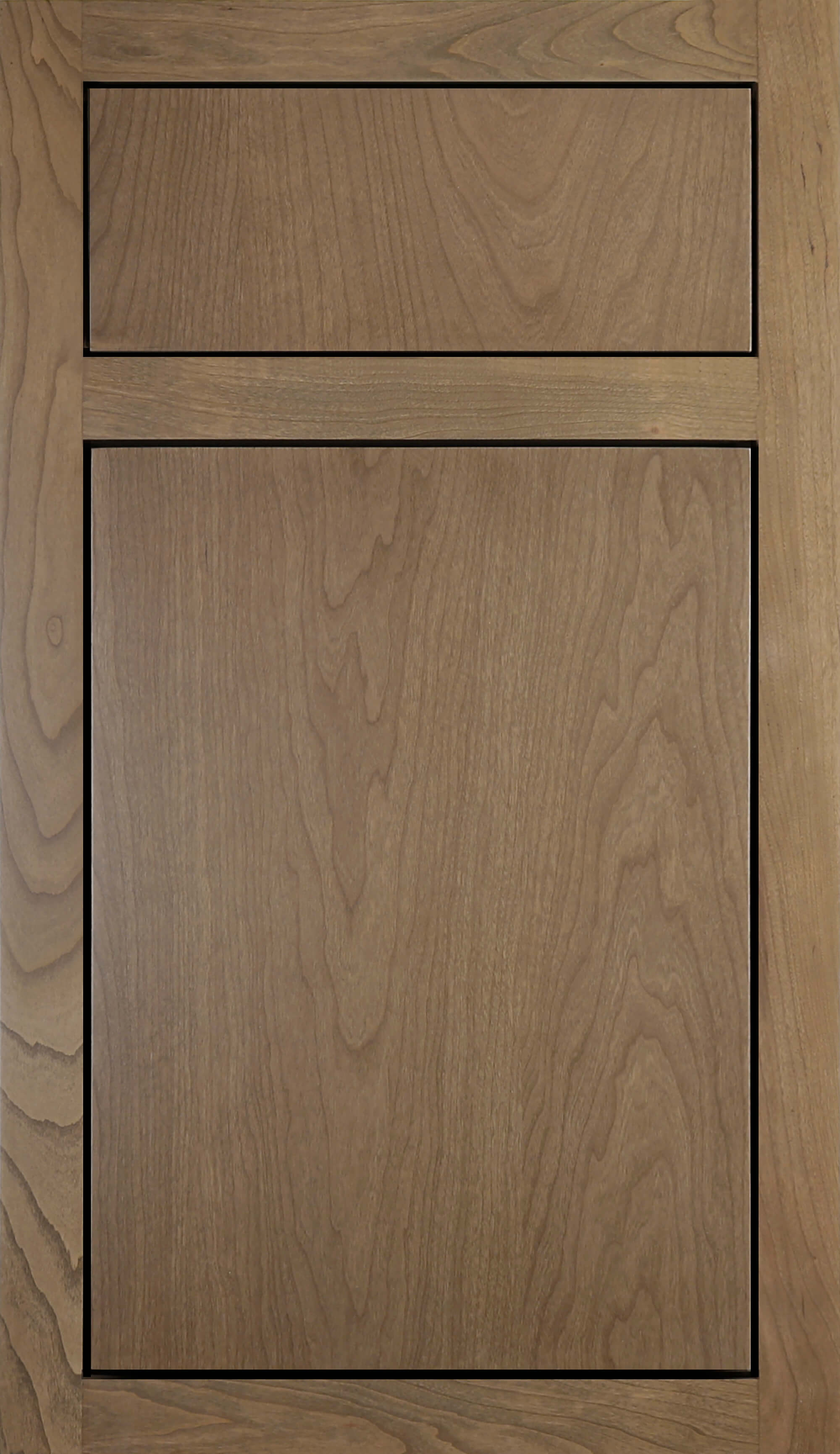 A modern slab inset cabinet door shown in cherry wood with a medium, true-brown stain.