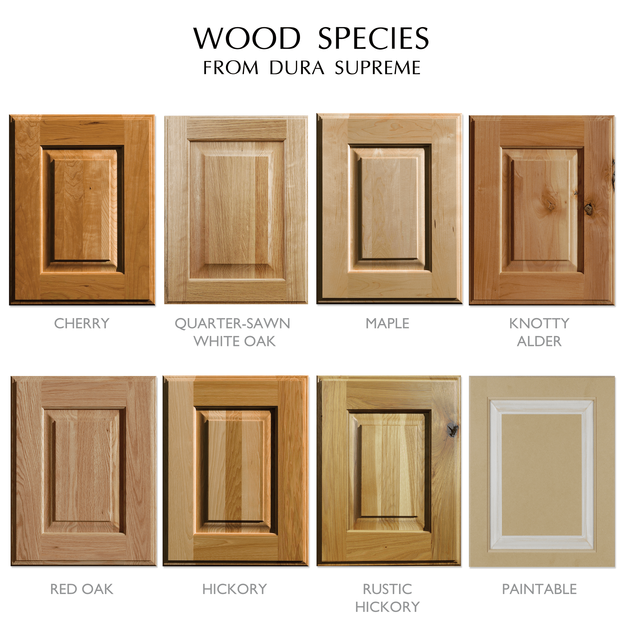 Kitchen cabinet Wood Species options from Dura Supreme Cabinetry. The list includes; Cherry, Quarter-Sawn White Oak, Maple, Knotty Alder, Red Oak, Hickory, Rustic Hickory, and Paintable.