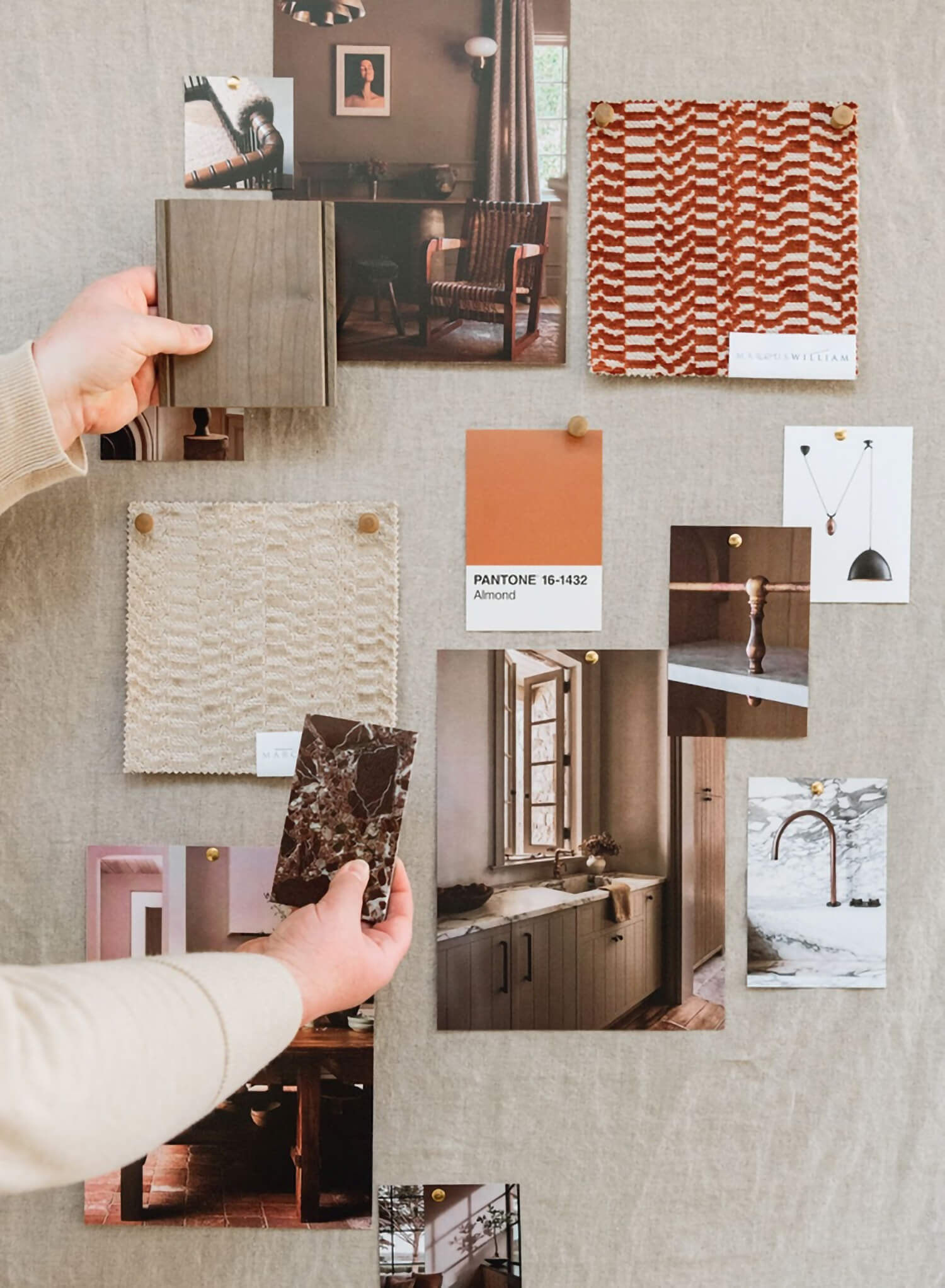 A kitchen design mood board featuring Pantone Almond color 16-1432, Dura Supreme stained cherry cabinets, and a collection of brown and orange finishes.