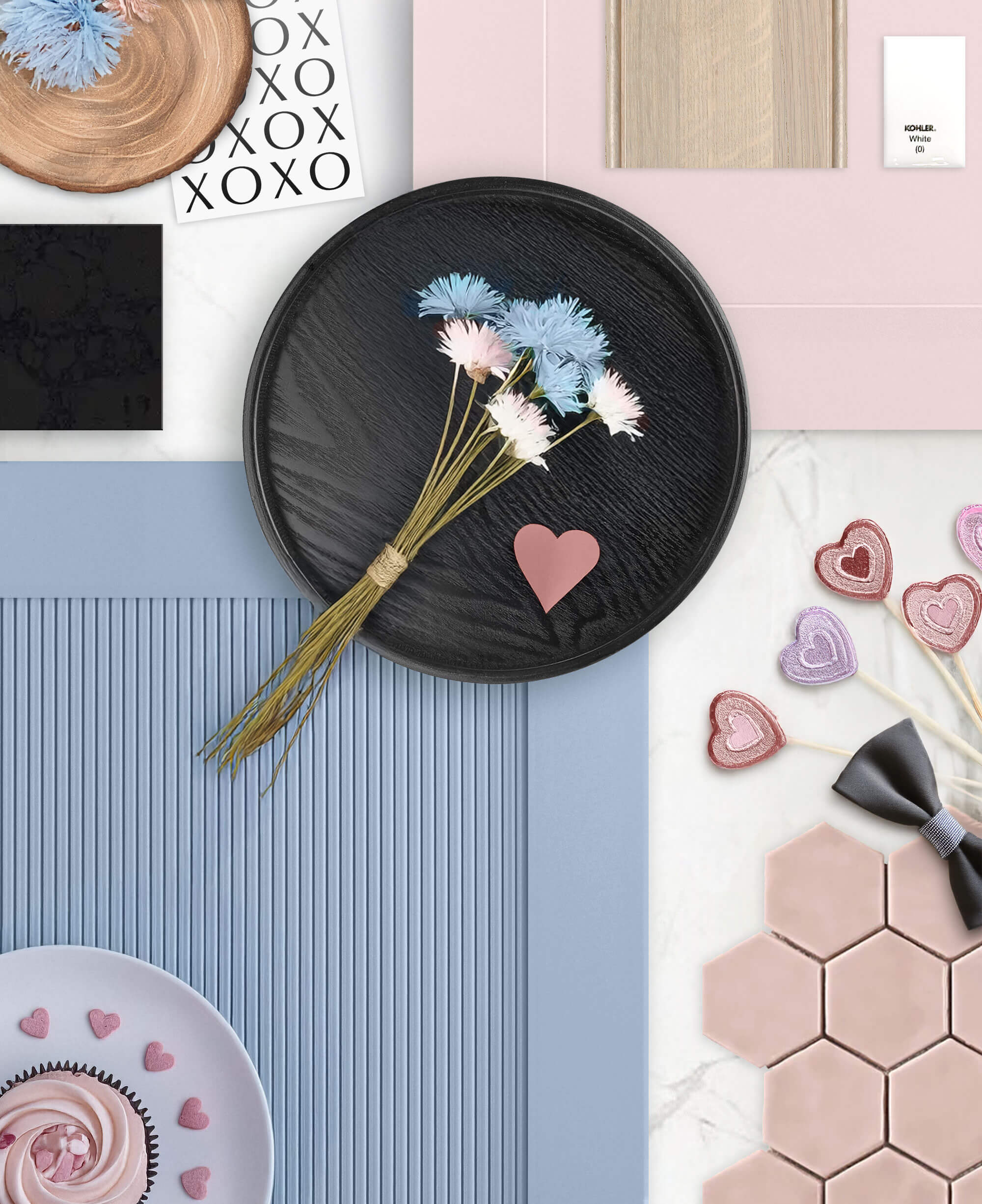This Valentine-inspired mood board features Dura Supreme's Parker door in a Personal Paint Match finish to 