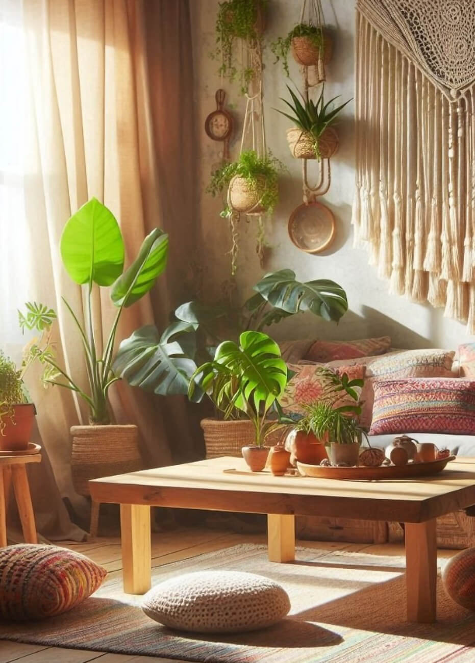 A boho style living room with lots of organic decor, houseplants, and greenery.