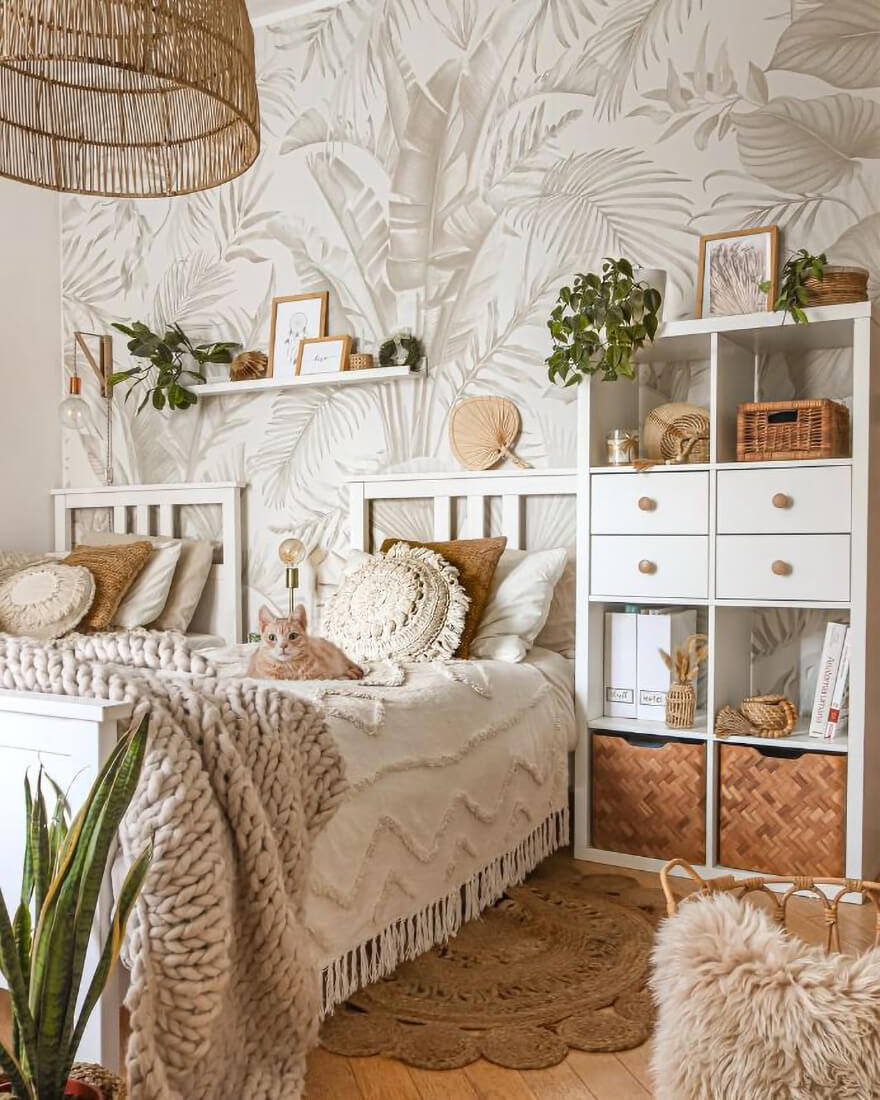 A neutral and nature-inspired master bedroom design with a Boho interior design style and room decor.