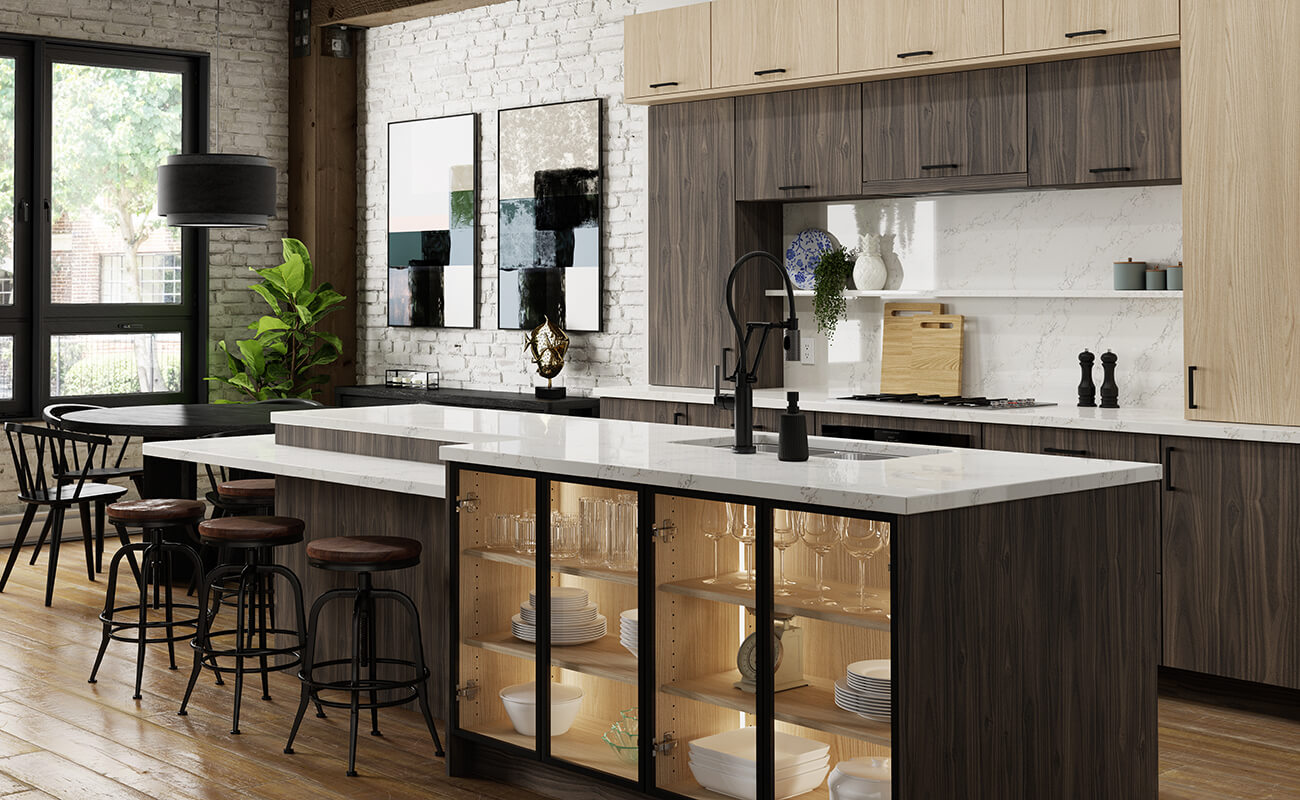 A beautiful industrial style kitchen design with black painted and medium wood stained cabinets in an urban loft home.