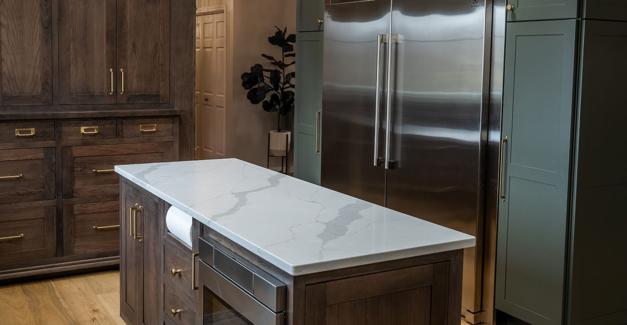 An angle of the working kitchen island.